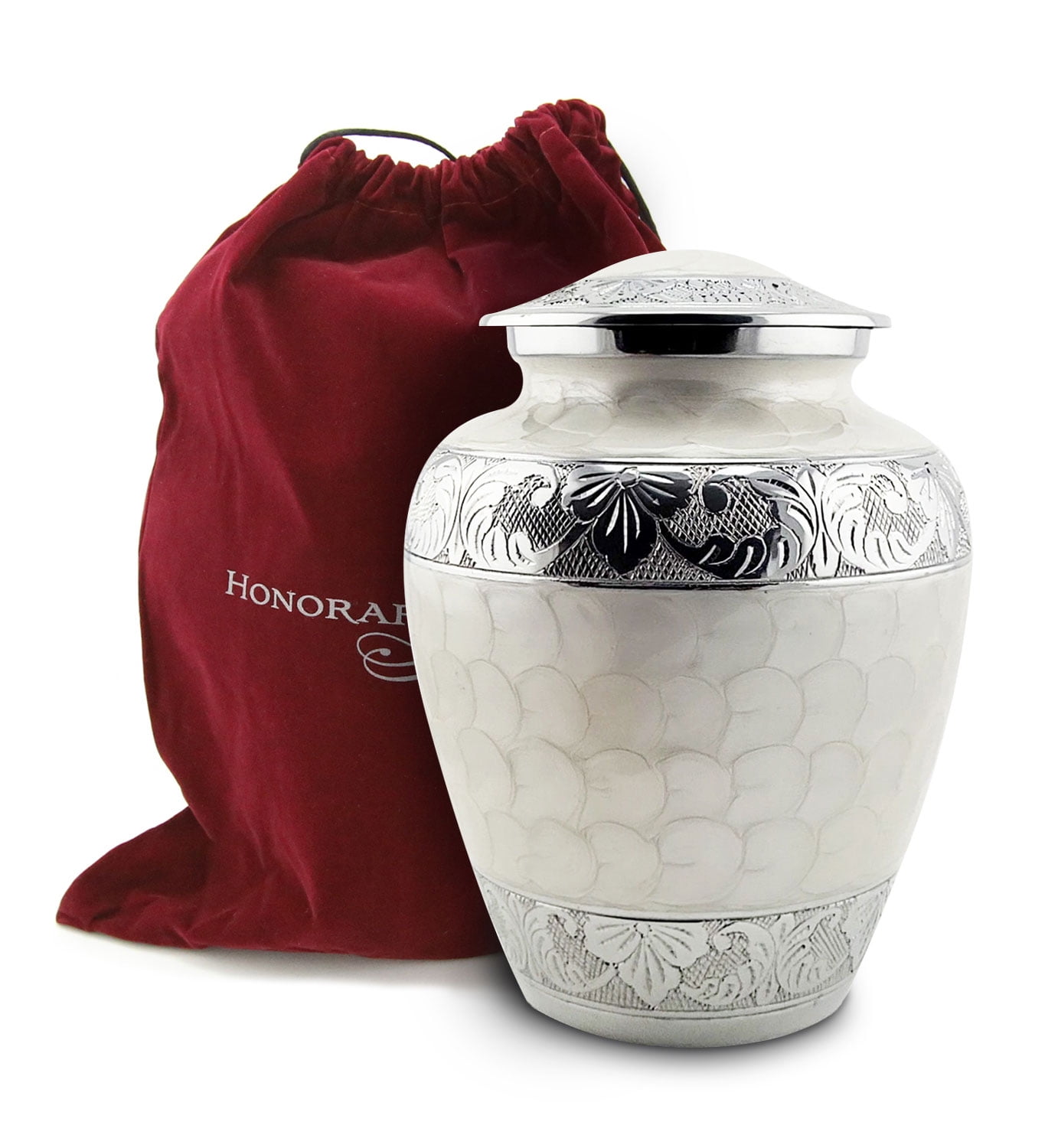 White and Silver Painted Metal Cremation Urn with Satin Bag
