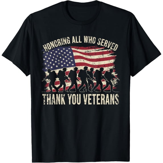 Honoring All Who Served Thank You Veterans Men's T-Shirt Retro Patriotic American Flag Military Soldier Silhouette Graphic Tee Vintage Style Gift for Veterans Day