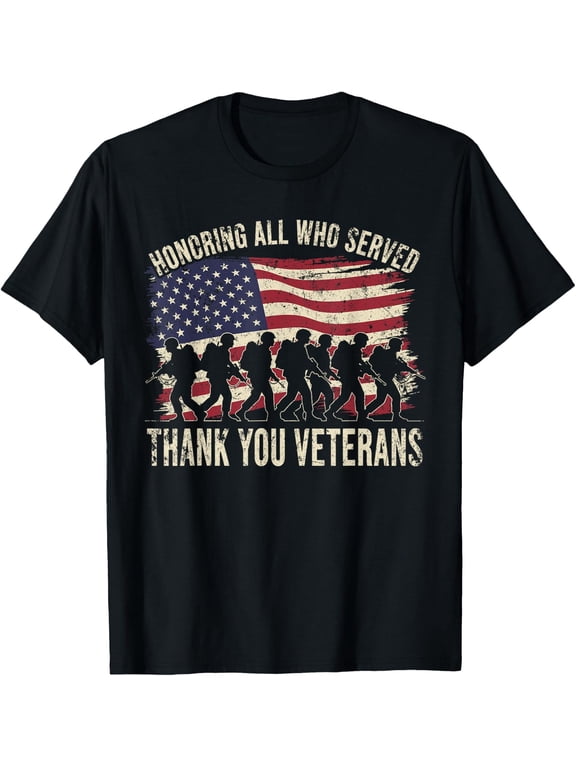 Honoring All Who Served Thank You Veterans Men's T-Shirt Retro Patriotic American Flag Military Soldier Silhouette Graphic Tee Vintage Style Gift for Veterans Day