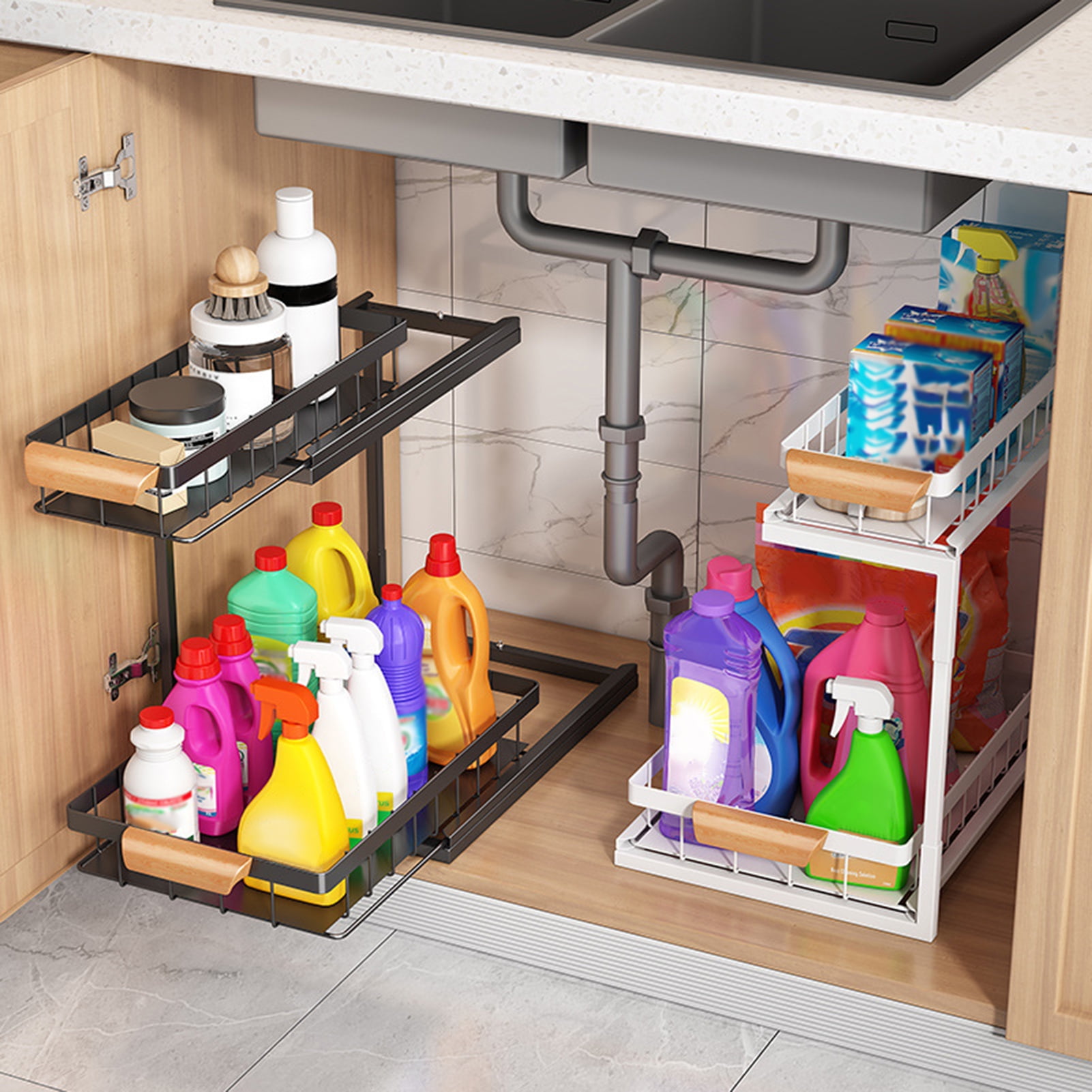 Honrane 2-Tier Kitchen Shelf, Sliding Under Sink Organizer, Durable ...