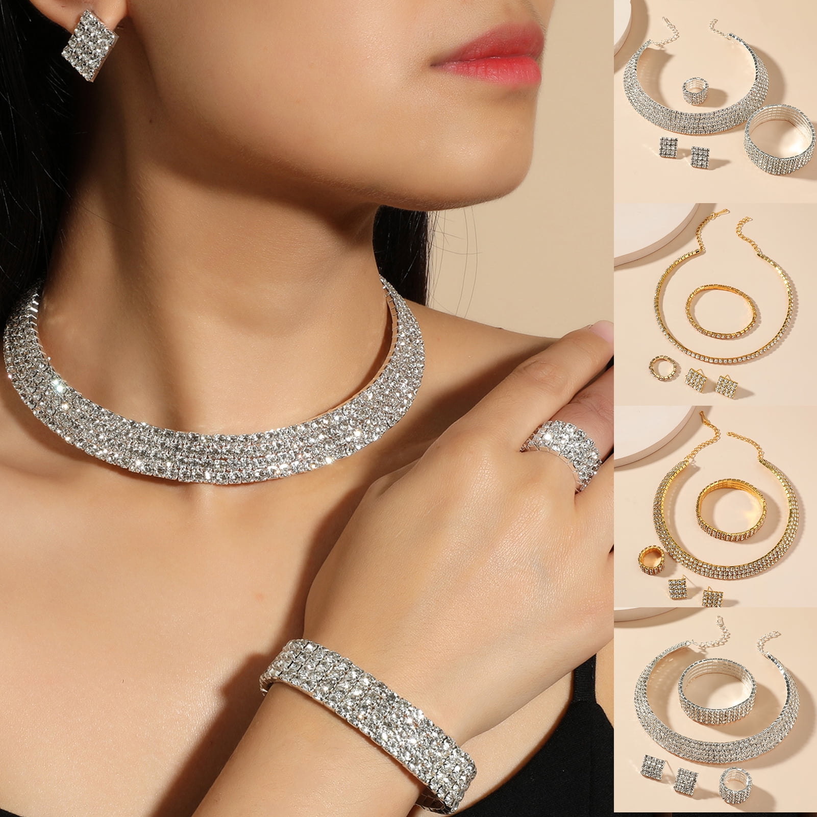 Rhinestone choker necklace set outlet