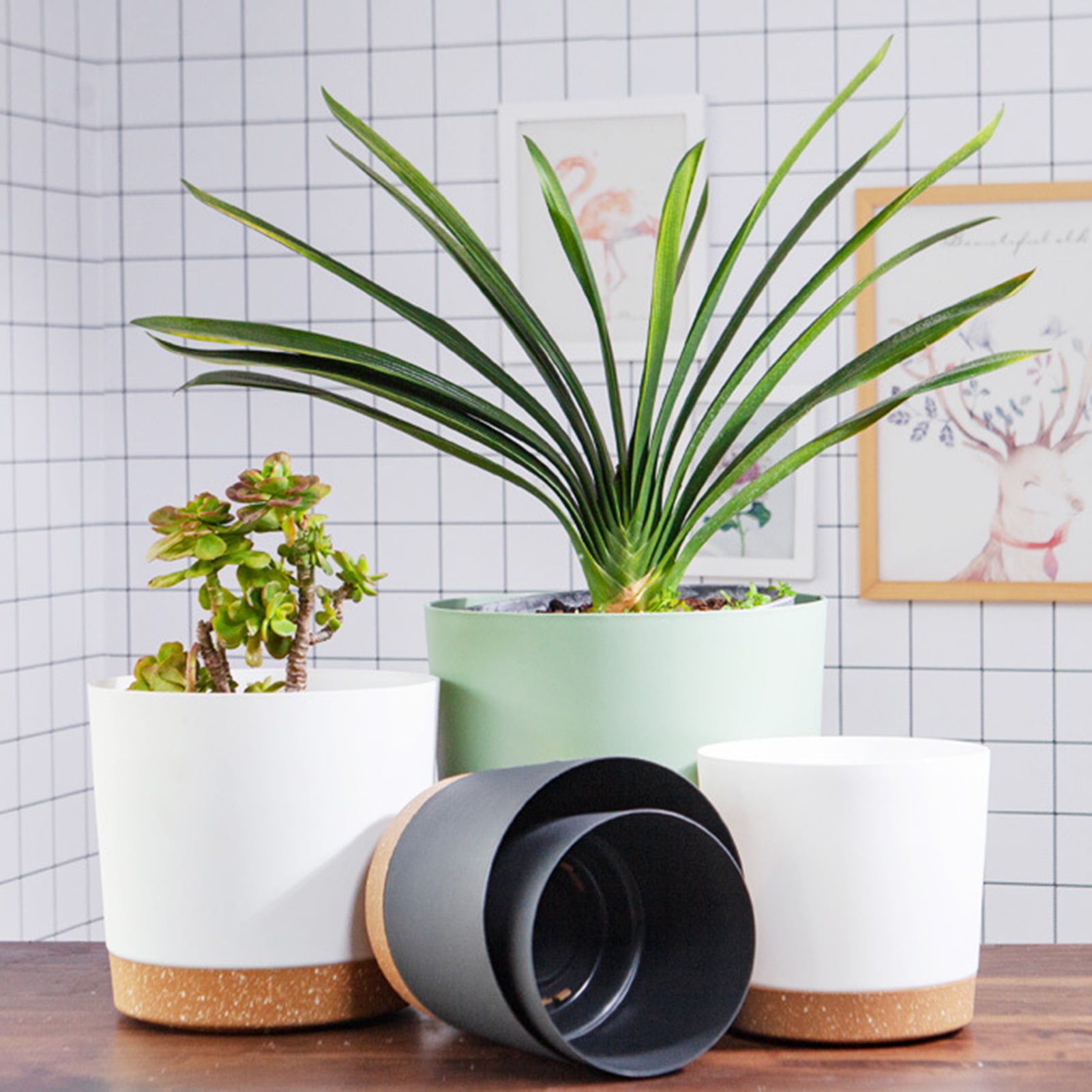 Honrane Set of 3 Round Plant Pots, Indoor Green Plant Planters with