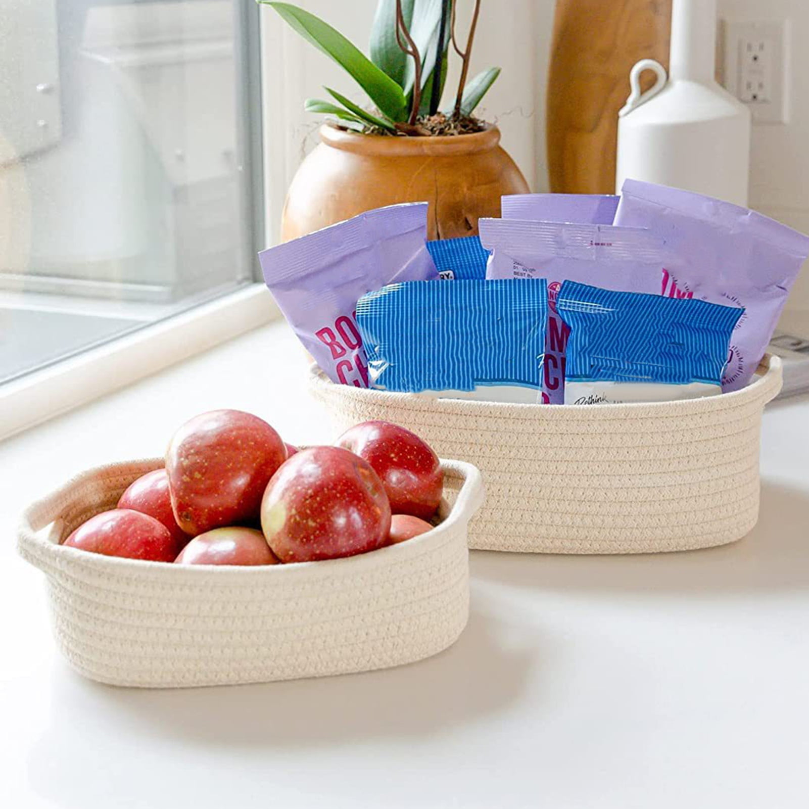 Small Woven Storage Baskets With Handles - 12x8x5 Inch Cotton Rope Organizer With Gift Bag & Ribbon