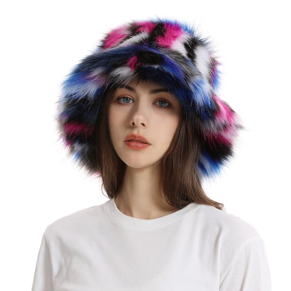 Honrane Women Fisherman Hat Faux Fur Bucket Hat Winter Women's Fuzzy Bucket Hat Windproof Ultra-thick Super Soft Non-fading Ear Protection Faux Fur Fisherman