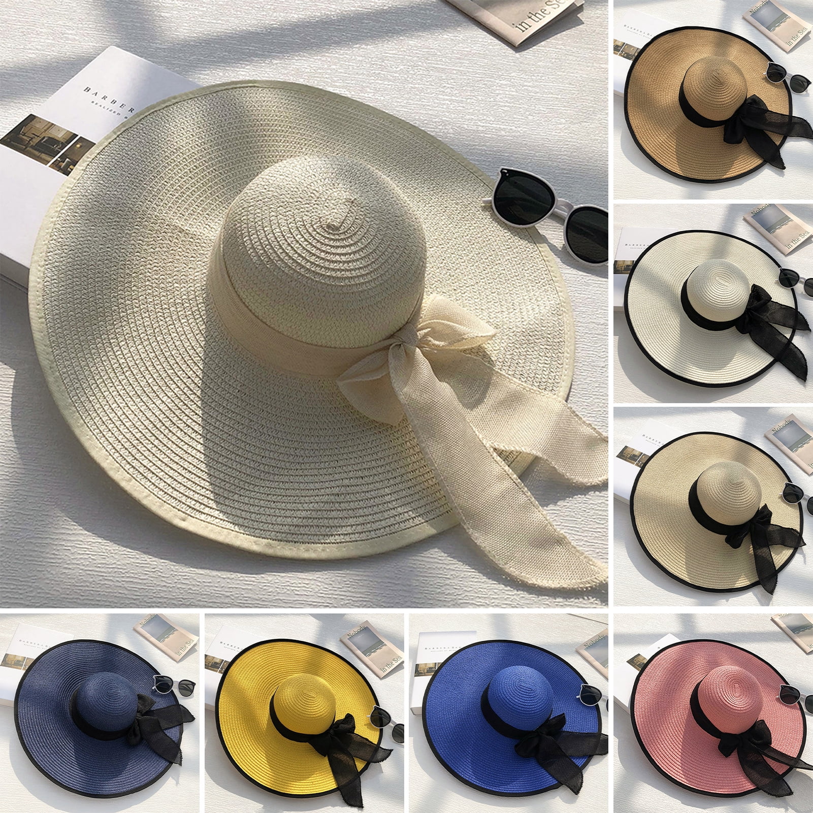 Honrane Women Sun Hat Contrast Color Sun Protection Anti-UV Ribbon Decor  Bow-knot Beach Hat Headwear
