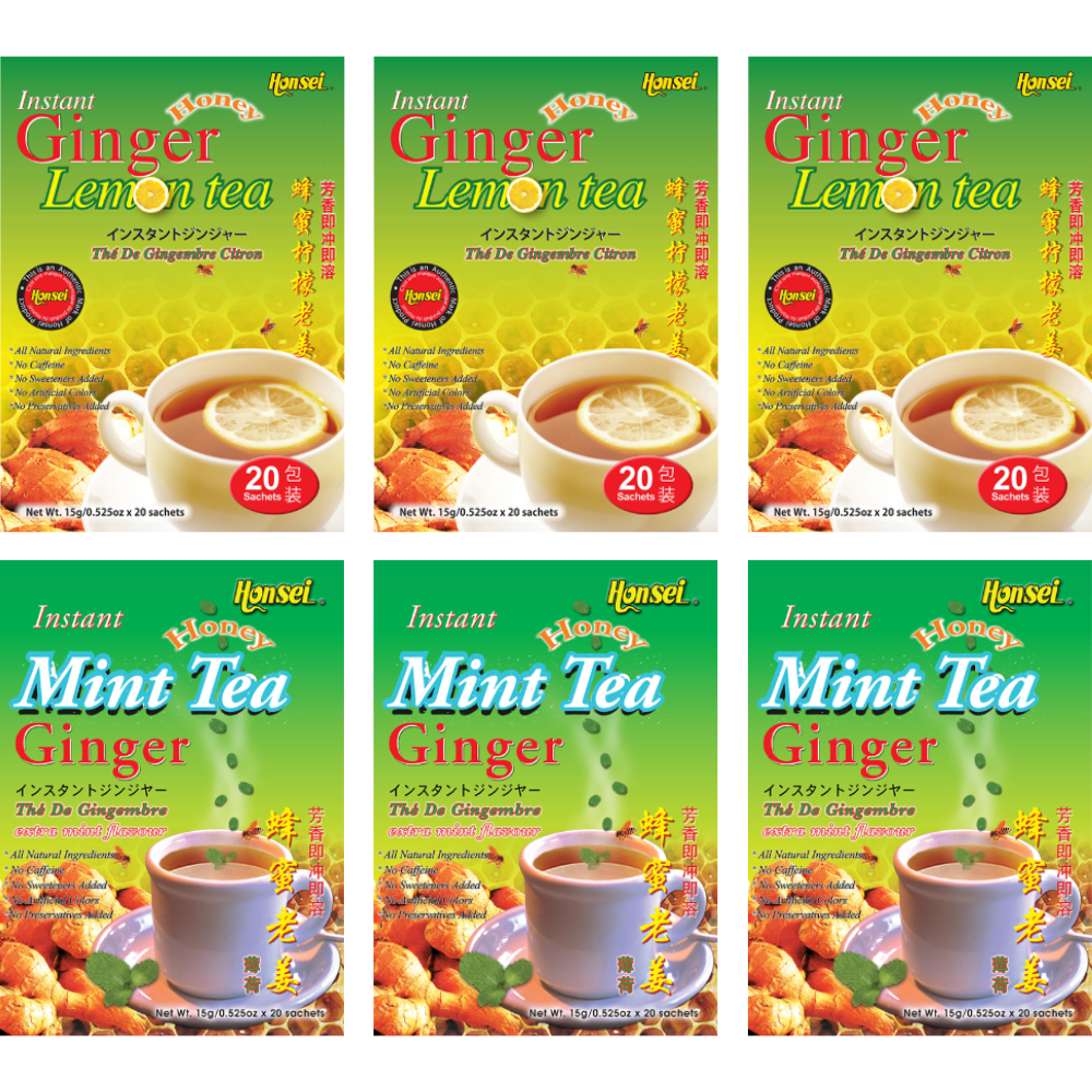 Honsei Instant Ginger Honey Lemon , Mint Flavor 20 Sachets Each 6 PACK