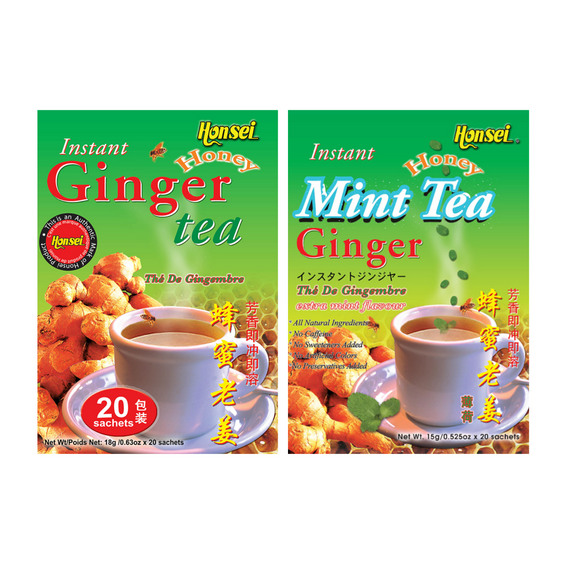 Honsei Instant Ginger Honey Original, Mint Flavor 20 Sachets Each 2 PACK