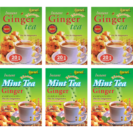 Honsei Instant Ginger Honey Original, Mint Flavor 20 Sachets Each 6 PACK