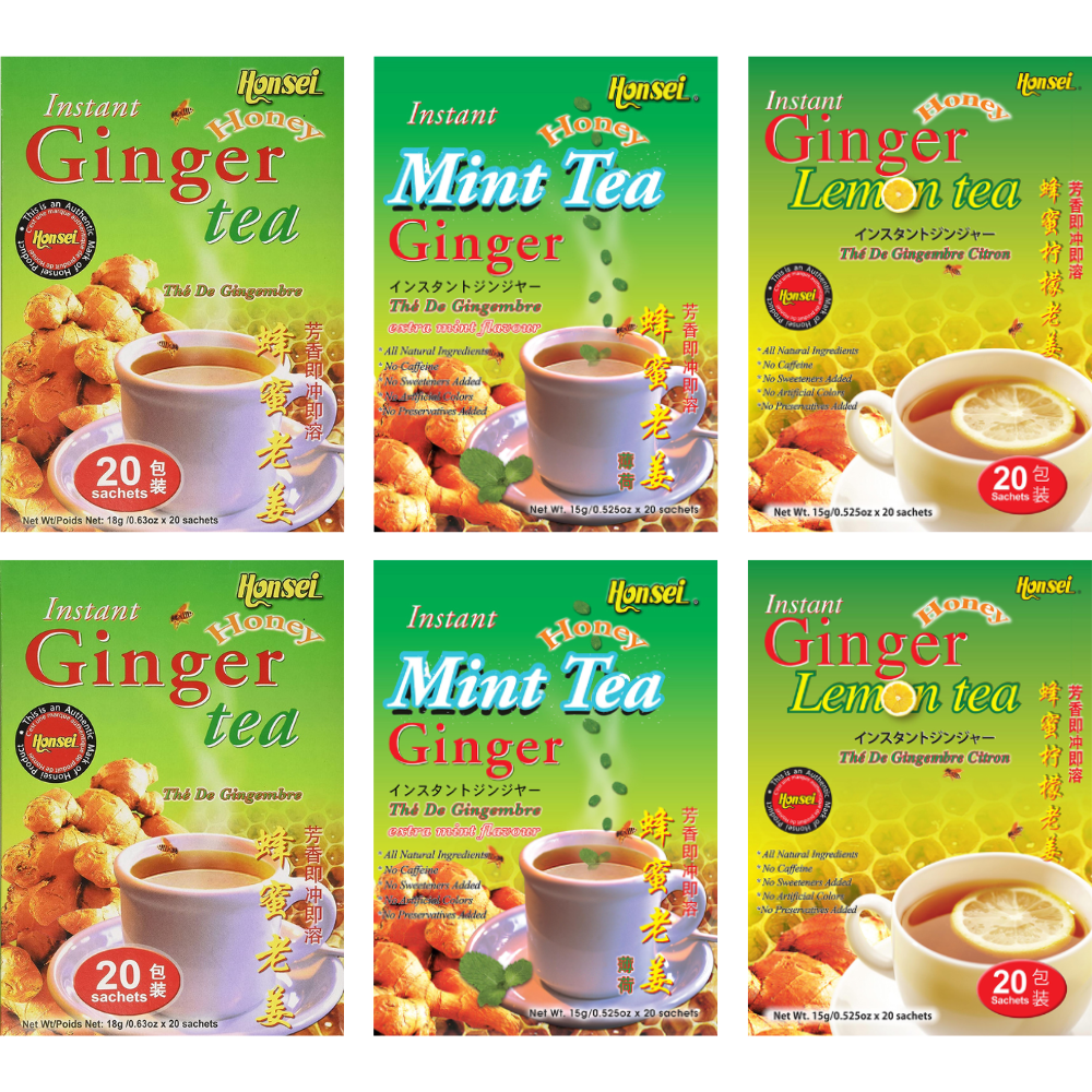 Honsei Instant Ginger Honey Original, Mint, Lemon Flavor 20 Sachets Each 6 PACK