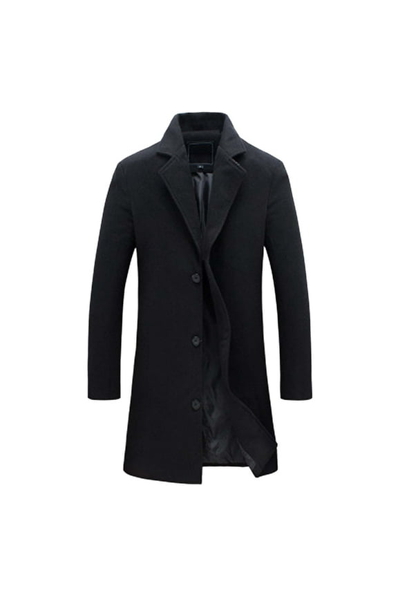 Slim Fit Notched Collar Long Jacket Overcoat Winter Pea Coat Notch Lapel Long Casual Overcoat, Business Casual, Windproof Trench Black Large