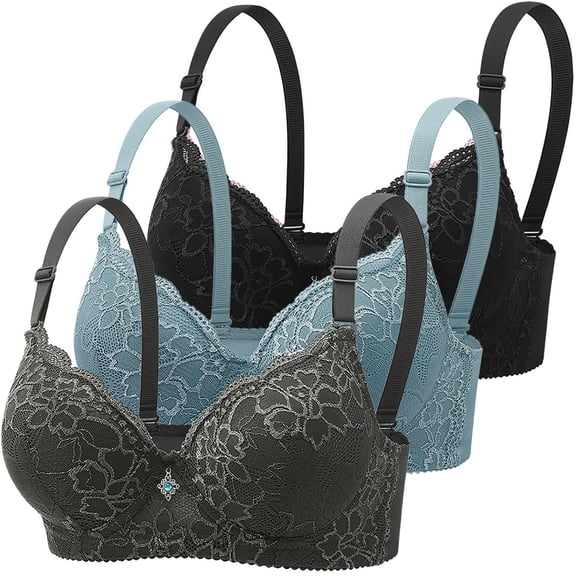 Hontri 3-Pack Lace Underwire Bras - Adjustable Padded Bustier with Comfort Support (Sexy Everyday Wear | Yoga & Sleep Friendly | S-XXL Sizing) (Sky Blue | 42)