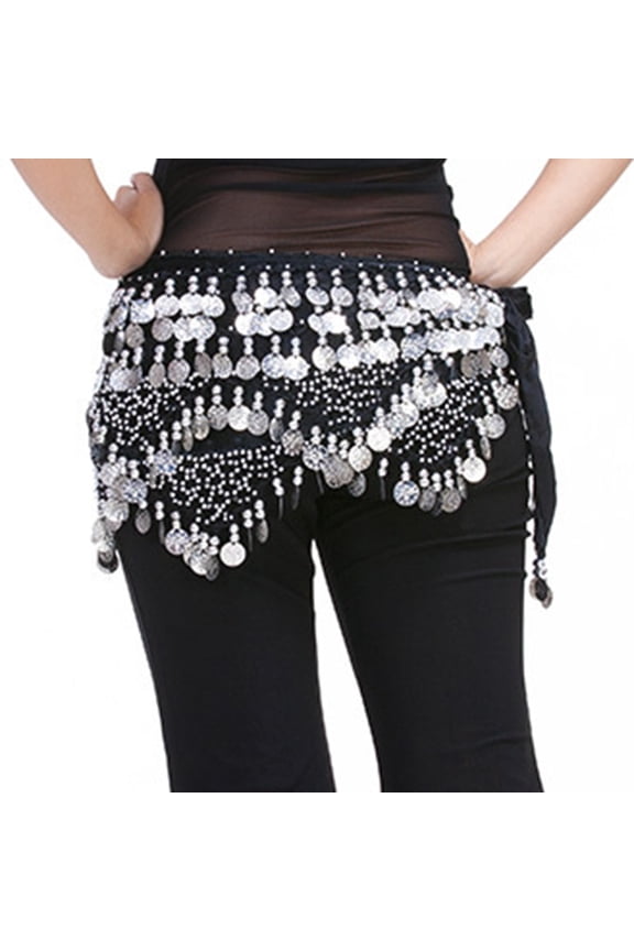 Belt in Clearance, Belly Dance Belt Wrap Hip Scarf Skirt Waistband with 320 Coins Sequins Hip Scarf, Female Black One Size