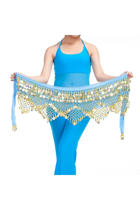 Belt in Clearance, Belly Dance Belt Wrap Hip Scarf Skirt Waistband with 320 Coins Sequins Hip Scarf, Female Sky Blue One Size