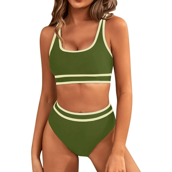 Hontri Bikinis Set Women's Two Swimsuit High Waisted Contrasting Colors Bikini Sets Double Shoulder Bathing Suits for 2024 Army Green L