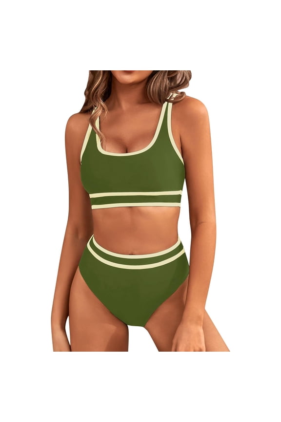 Bikinis Set Women's Two Swimsuit High Waisted Contrasting Colors Bikini Sets Double Shoulder Bathing Suits for 2024 Army Green M