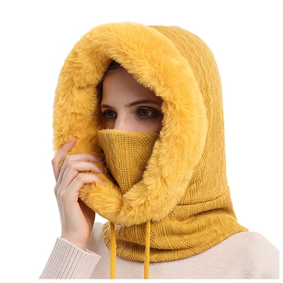 Hontri Bomber Hats in Clearance, Women Winter Outdoor Riding Headgear Cold-Proof Ski Cap Warm Bib Face Mask Integrated Cold-Proof Hood Hat, Female Yellow One Size