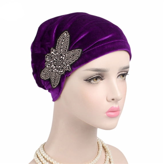 Hontri Bow Headbands for Women- Women's Elegant Soft Velvet Turban Beanie with Beaded Flower Hat Chemo for Cancer Hair Loss Ladies Cute Headbands