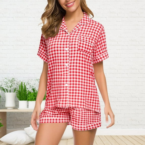 Hontri Button-Down PJ Set - Collared Sleep Shirt & Shorts, Lightweight Summer Lounge Set, Red M