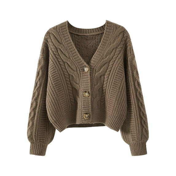 Hontri Cardigan Sweaters for Women Womens Solid Color Sweater Women Vintage Tops Loose Outer Wear V Neck Short Knitted Cardigan Clearance Khaki One Size