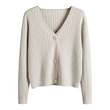 Hontri Women's Cardigan, Women's Autumn and Winter Long Sleeve V Neck Soft Knit Solid Color Cardigan One Size under $10