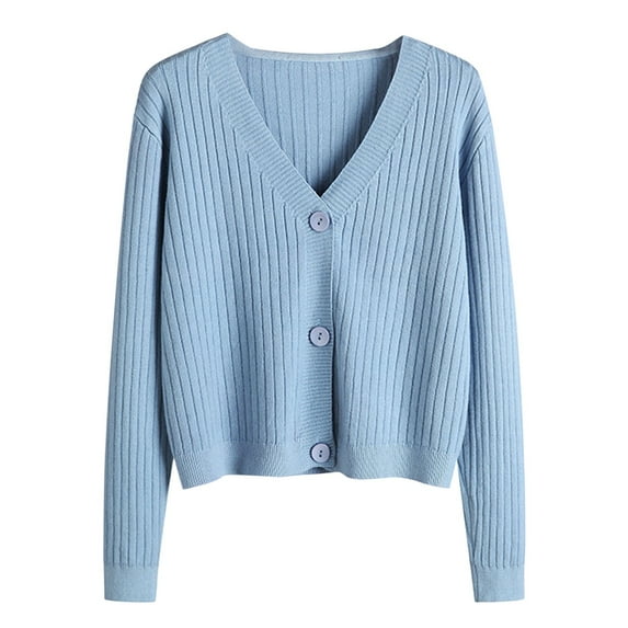 Hontri Cardigan Sweaters for Women, Women's Autumn And Winter Long Sleeve V Neck Soft Knit Solid Color Cardigan Clearance Blue One Size