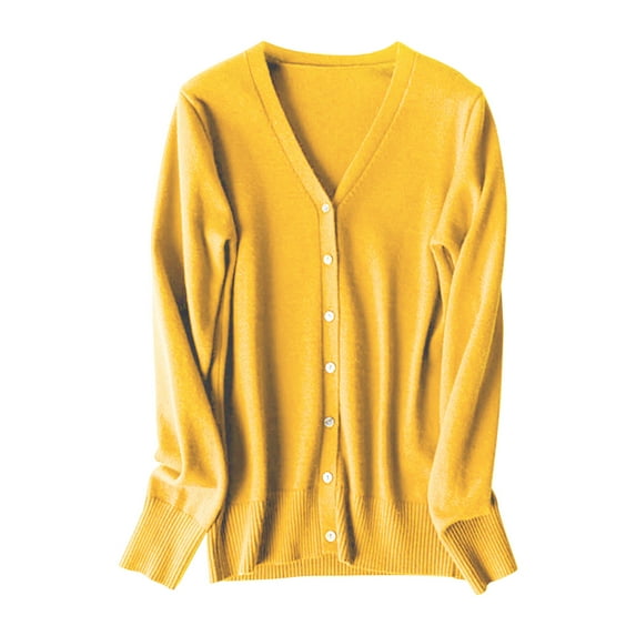 Hontri Women's Cardigan Women's Classic Button Down Long Sleeve V Neck Soft Knit Sweater Yellow L