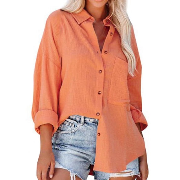 Hontri Clearance! Shirts for Women Ladies Summer Stand Collar Loose Button up Women Solid Color Shirts Casual Pocket Shirts Tops T Shirts for Women Orange,Xl
