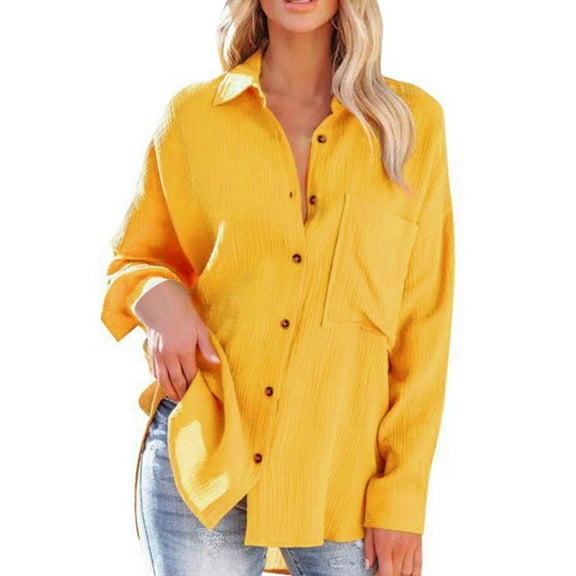 Hontri Clearance! Shirts for Women Ladies Summer Stand Collar Loose Button up Women Solid Color Shirts Casual Pocket Shirts Tops T Shirts for Women Yellow,S
