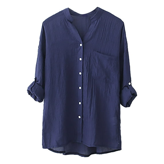 Hontri Clearance! Shirts for Women Women's Shirt Sun Loose Thin Three Quarter Sleeve Cotton and Linen Top with Stand Collar T Shirts for Women Dark Blue,L