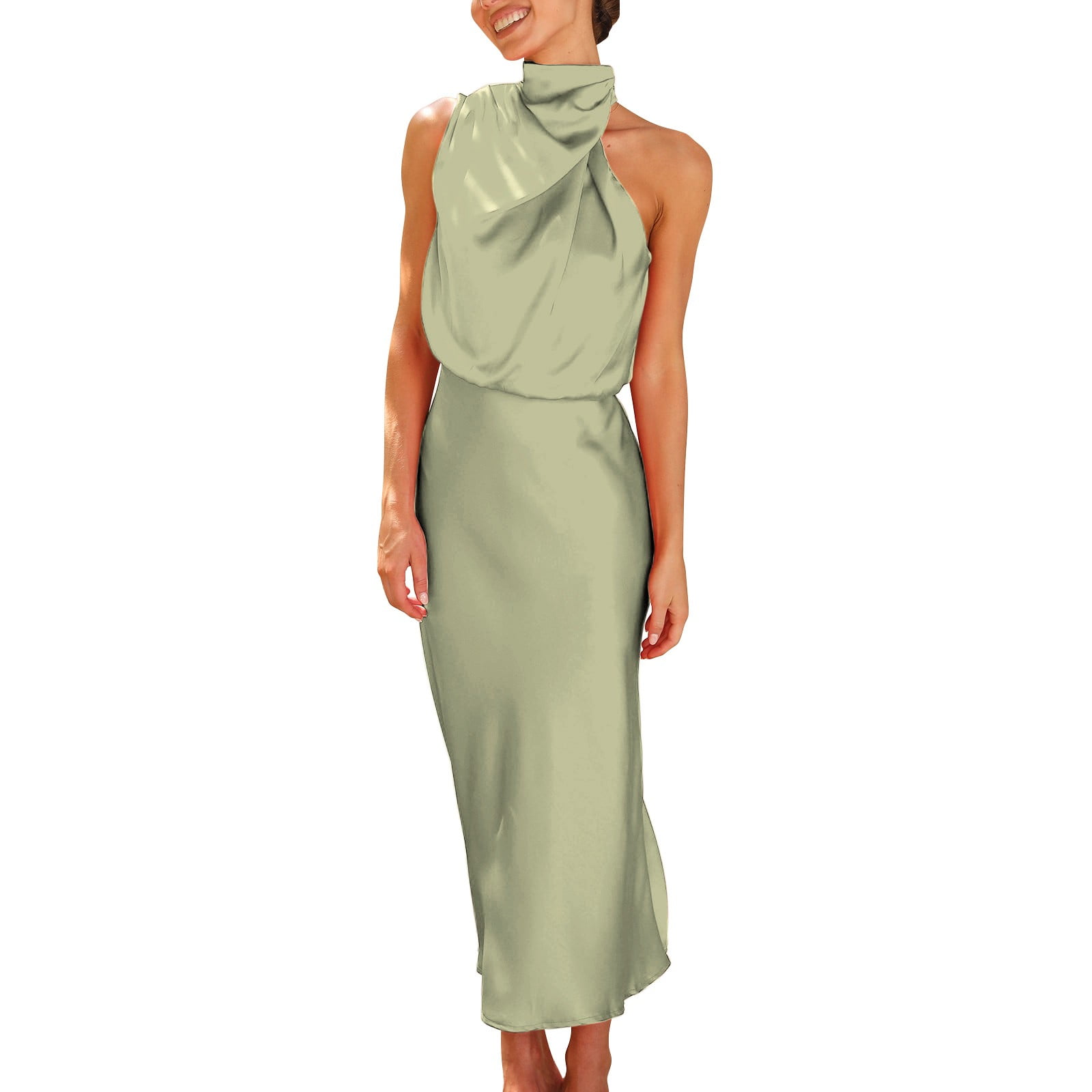 BDSCZW Elegante satijnen jurk voor dames, mouwloos, hoge taille, bruiloft, formeel, bruiloftsgast, cocktailjurk, baljurk, partyjurk, midi-jurk, lichtgroen, L