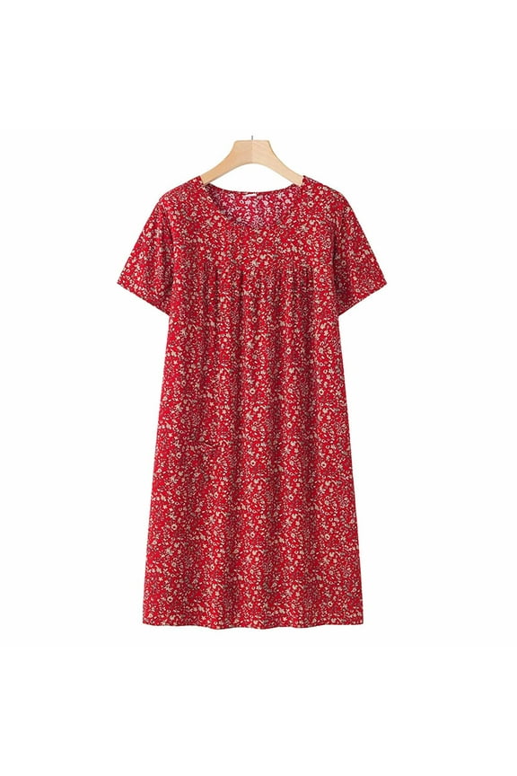 Cotton-Silk Summer Nightgown for Women & Seniors - Lightweight Loose Fit Sleep Dress, Homewear Dress with Short Sleeves, Red One Size