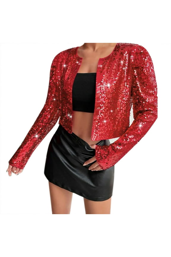 Cute Winter Jackets for Women on Sales, Women's Sequin Open Front Collarless Party Glitter Sparkly Crop Jacket Red