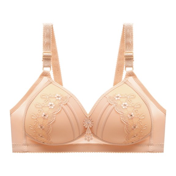 Hontri Full Coverage Embroidered Wireless Bra - Plus Size Thin Cup Support Bra, Comfortable Everyday Wear (Pink/Black/Red, A-F) (Beige | E)