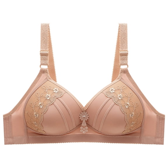 Hontri Full Coverage Embroidered Wireless Bra - Plus Size Thin Cup Support Bra, Comfortable Everyday Wear (Pink/Black/Red, A-F) (Khaki | F)