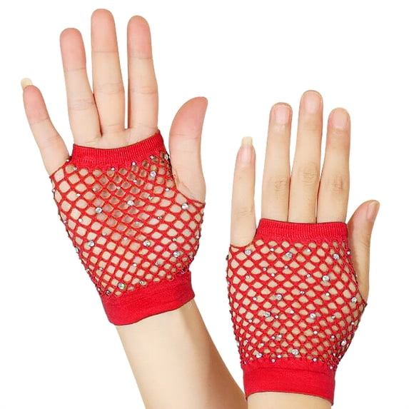 Hontri Gloves Mittens on Sale, Mesh Short Gloves Party Punk Half Finger Mesh Stretch Colored Diamond Gloves 1 Pair of Gloves Red