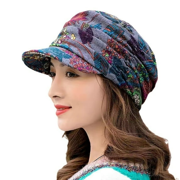 Hontri Hat Clearance! Short Brim Warm Foldable Earflap Women Cap Ethnic Style Floral Print Autumn Winter Hat Daily Clothing Grey