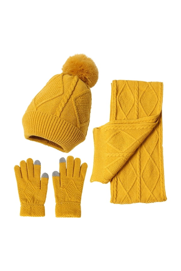 Hat Gloves Scarf Set Women Women&Men Autumn Winter Warm Cute Wool Hat Scarf Gloves Three Winter Snow Knit Cap Screen Mittens Scarves Sets Young Women Gift Ideas Yellow