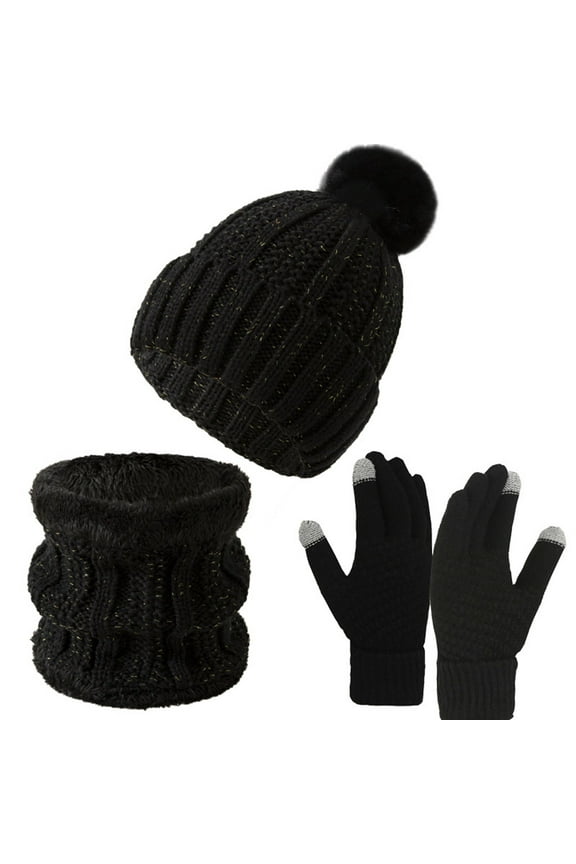 Hat Gloves Scarf Set Women Women's Winter Warm Gloves Hat And Neck Set with Thick Velvet for Cold And Cycling Young Women Gift Ideas Black