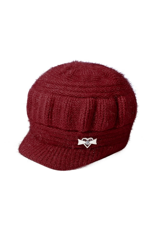 Fashion Hat Women Winter Warm Knit Hat Wool Snow Ski Caps with Visor Hat Red