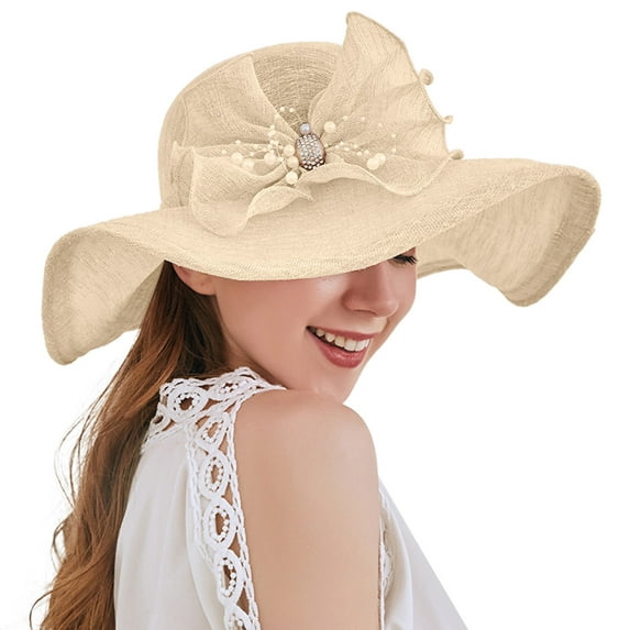 Hontri Hats for Women in Sale, Women's Summer Dress Hat Broad Leaf Flower Bridal Shower Cap Sun Hat Beach Hat Church Tea Party Fascinator Hats for Mother Ladies Girls Beige