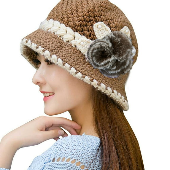 Hontri Hats for Men Under $10-Winter Accessories, Fashion Women Lady Winter Warm Crochet Knitted Flowers Decorated Ears Hat Kh