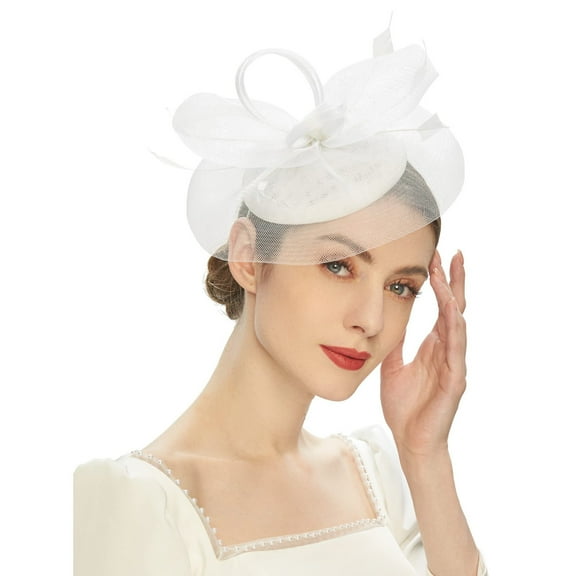 Hontri Head Scarf Tea Party Fascinator Kentuckys Derbys Hat Fascinator Pillbox Hat Headband for Chemo Headwear for Women White