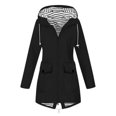 Hontri Jackets for Women Women Solid Rain Jacket Outdoor Plus Size Waterproof Hooded Windproof Loose Coat Black L