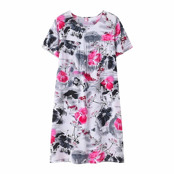 Hontri Long Nightgown under $10-,Summer Cotton Silk Short Sleeved Sleep Dress for Middle Aged Women New Loose Fitting Home Wear Elderly Sleepwear Plus Size Dress