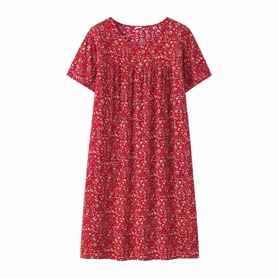 Hontri Long Nightgown under $10-,Summer Cotton Silk Short Sleeved Sleep Dress for Middle Aged Women New Loose Fitting Home Wear Elderly Sleepwear Plus Size Dress