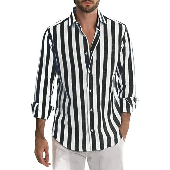 Hontri Men Shirts Fashion Deals under $15, Mens Fashion Casual Striped Linen Buckle Lapel Long Sleeve Shirt Top Black Xxl