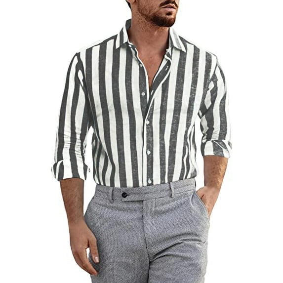 Hontri Men Shirts Fashion Deals under $15, Mens Fashion Casual Striped Linen Buckle Lapel Long Sleeve Shirt Top Gray 3Xl