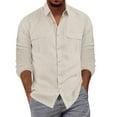 thumbnail image 1 of Hontri Men Shirts Mens Fashion Casual Button Lapel Cotton Solid Color Pocket Long Sleeve Shirt Top Beige L, 1 of 6