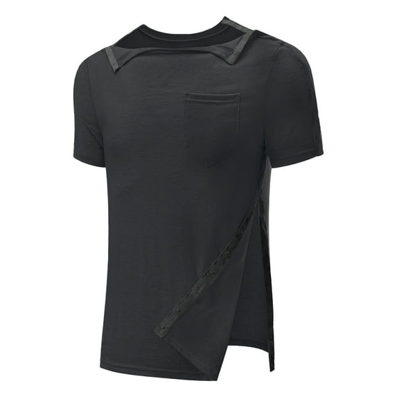 Hontri Men T Shirts Men's Post Shoulder Recovery Shirts Full Tear Long Sleeve Snap Chemo Port Access Shirt Black Xxl