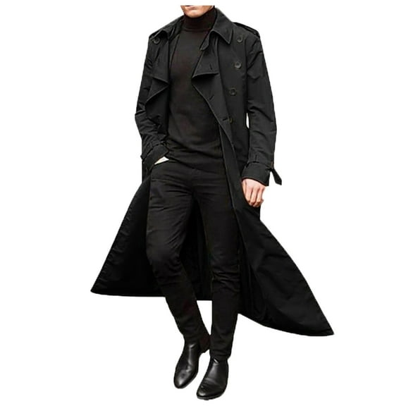 Hontri Men's Anoraks, Men's Winter Slim Stylish Trench Coat Casual Double Breasted Lapel Long Sleeve Solid Belted Long Jacket for Work Holiday Black L